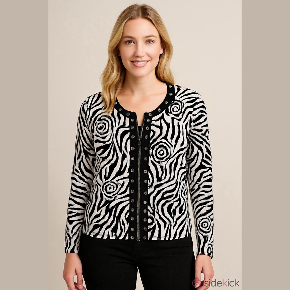 Women's Pierri New York Zebra Print Cardigan Black White Size Med